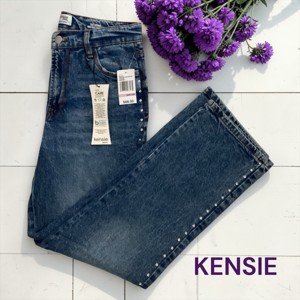 Kensie Jeans NWT Astrid Side Rhinestone HighRise Straight Leg Retro Luxe Stretch